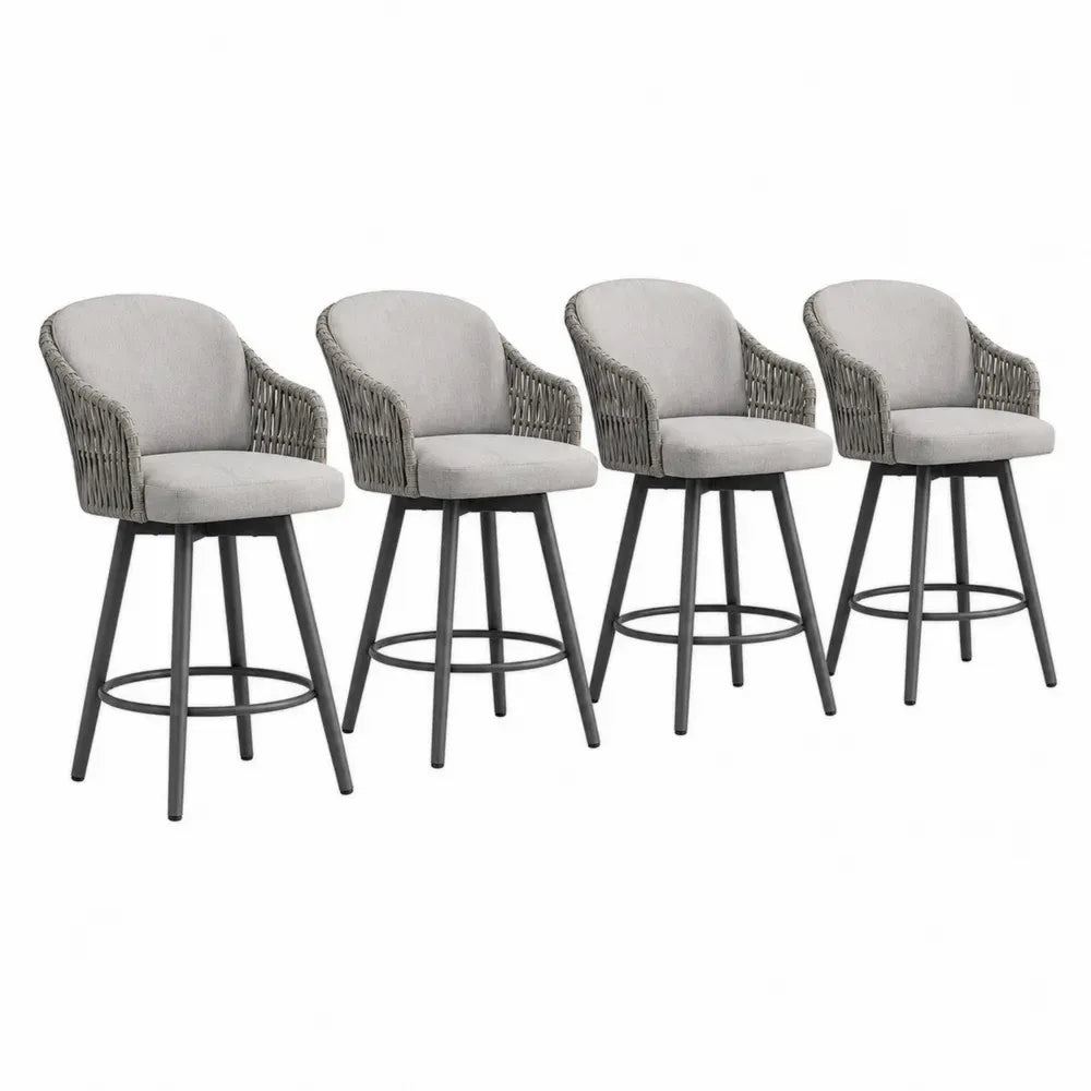 Barhocker 4er Set mit Armlehnen halbrunder Rückenlehne Polyestergewebe PE-Rattan Stahl Hellgrau Grau Schwarz 55 x 58 x 98 cm