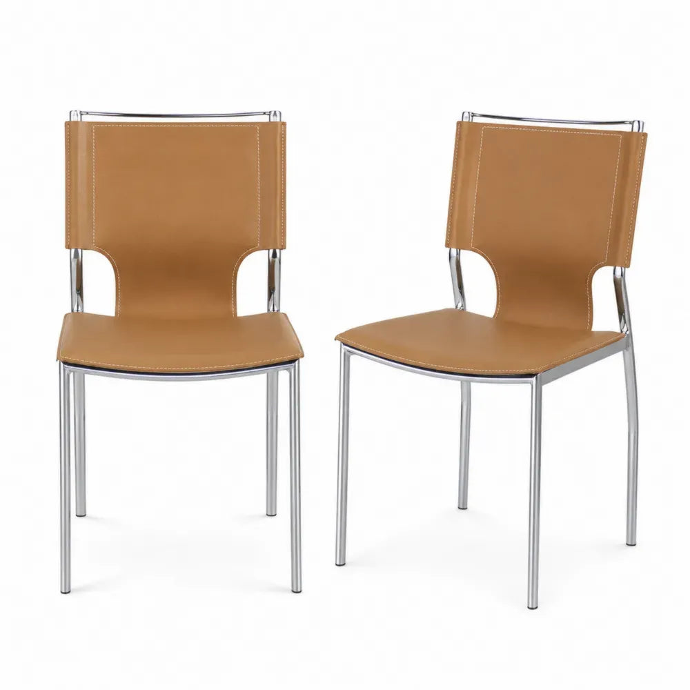 2er Set Esszimmerstühle ohne Armlehnen PU Kunstleder verchromter Stahl Cognac Silberfarben je 45 x 55 x 88 cm