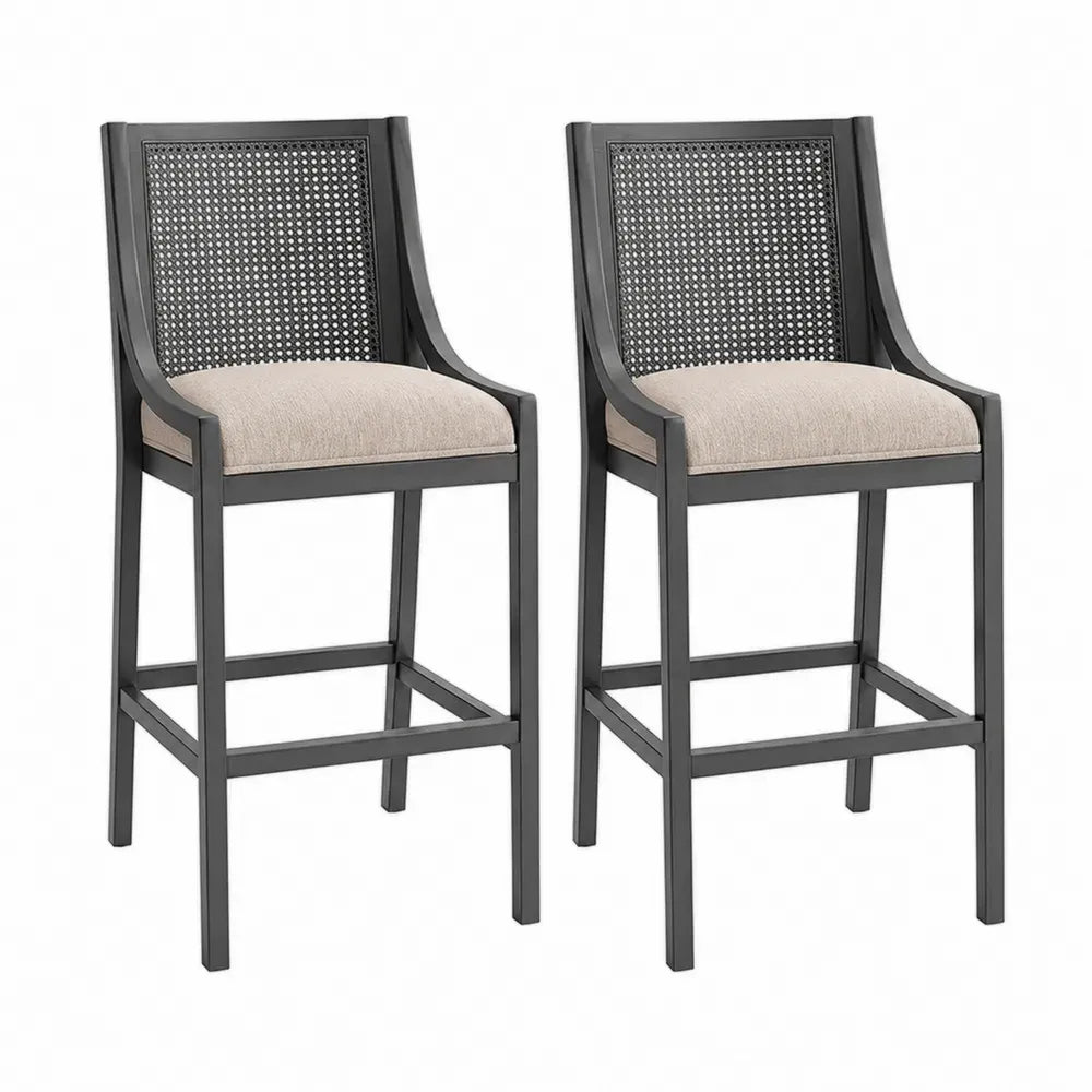 Barhocker 2er Set mit Armlehnen Rattanlehne und Polstersitz Kautschukholz Polyestergewebe Schwarz Beige 50 x 54 x 104 cm
