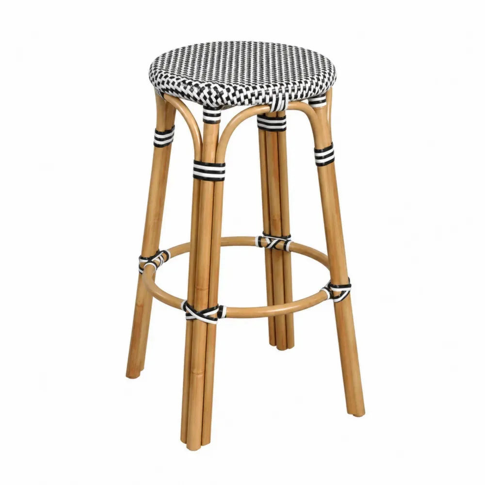 Barhocker rund aus Rattanrohr mit PE Rattan Sitzfläche Natur Schwarz Weiß 42 x 42 x 76 cm