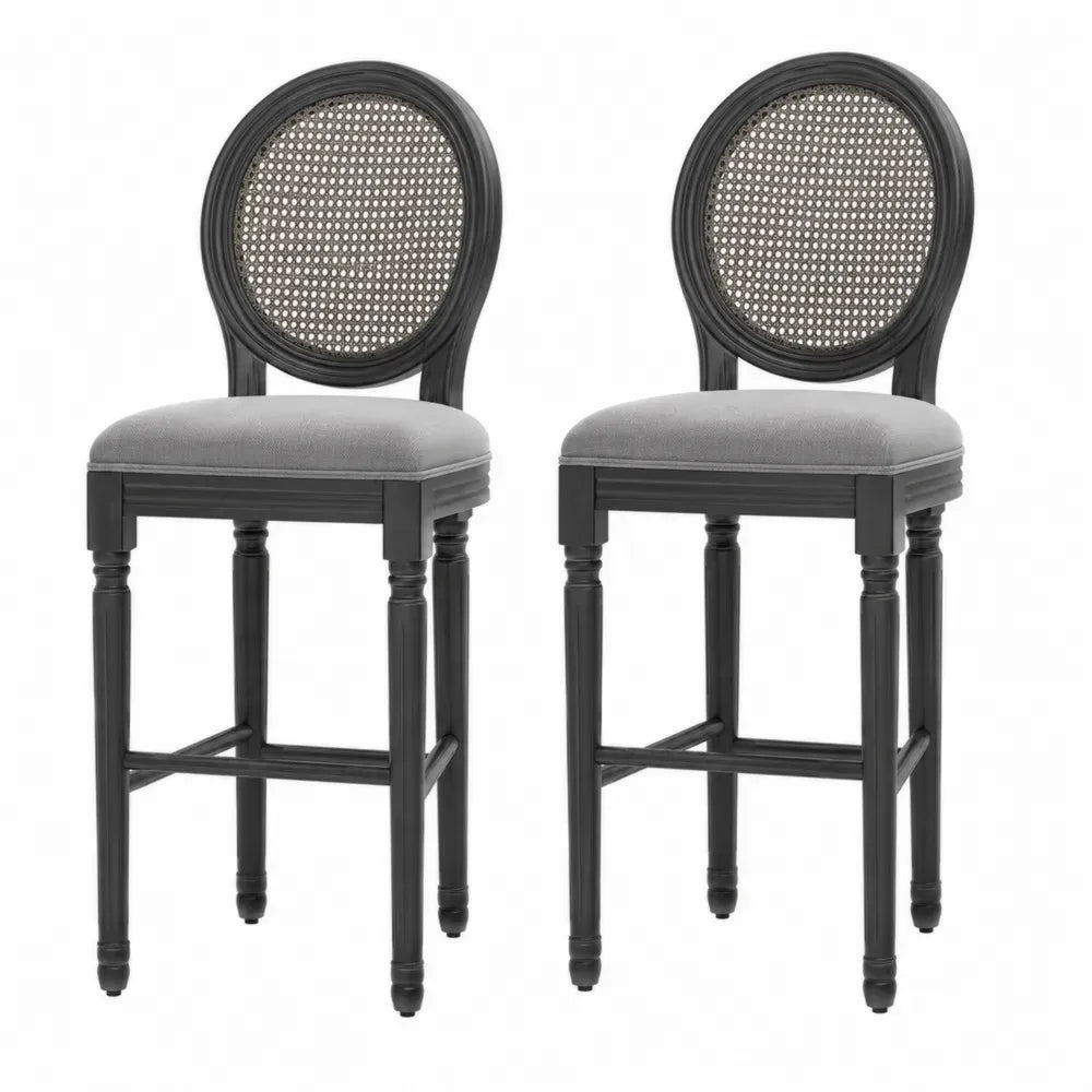 Barhocker 2er Set mit Rattanlehne und Polstersitz Kautschukholz Polyester Grau Schwarz Naturbeige 48 x 55 x 116 cm