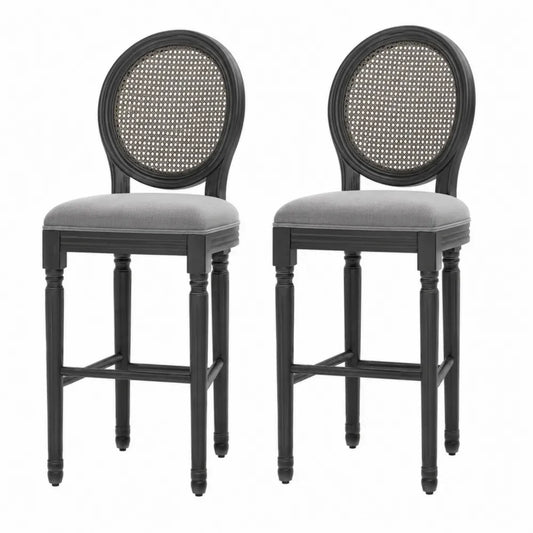Barhocker 2er Set mit Rattanlehne und Polstersitz Kautschukholz Polyester Grau Schwarz Naturbeige 48 x 55 x 116 cm