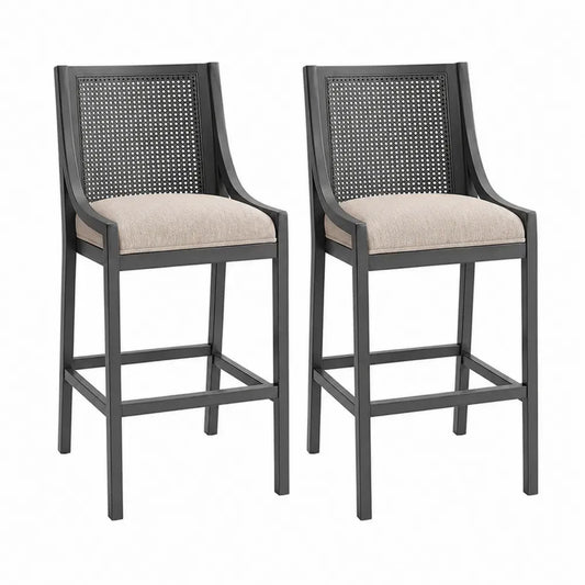 Barhocker 2er Set mit Armlehnen Rattanlehne und Polstersitz Kautschukholz Polyestergewebe Schwarz Beige 50 x 54 x 104 cm