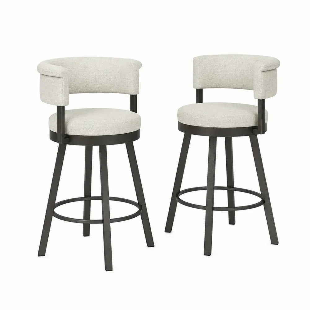 Barhocker 2er Set mit Armlehnen 54 x 54 x 91 cm Polyestergewebe Stahlgestell runde Sitzfläche Creme Schwarz