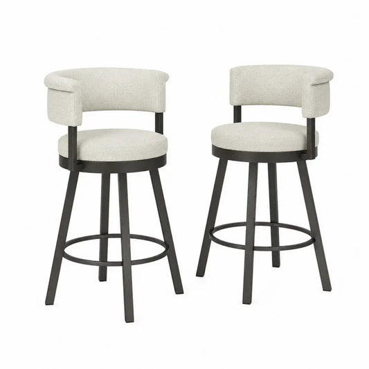 Barhocker 2er Set mit Armlehnen 54 x 54 x 91 cm Polyestergewebe Stahlgestell runde Sitzfläche Creme Schwarz
