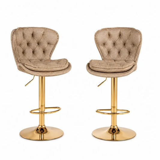 Barhocker 2er Set höhenverstellbar drehbar 52 x 55 x 94-115 cm Polyestergewebe Stahl runde Sitzfläche Beige Goldfarben